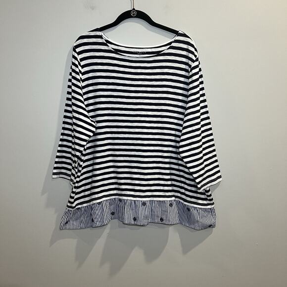 Talbots Nautical Striped Ruffle Hem Flounce T-shirt Size 2X Cotton 3/4 Sleeve - Picture 2 of 6